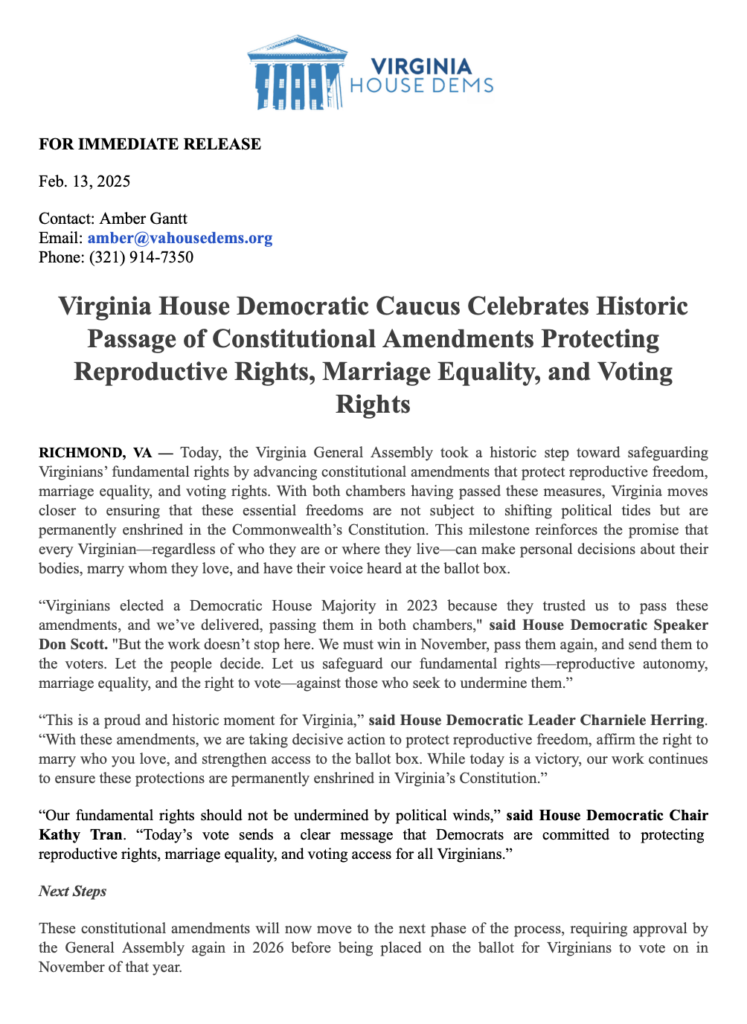 FOR IMMEDIATE RELEASE
Feb. 13, 2025
Contact: Amber Gantt
Email: amber@vahousedems.org
Phone: (321) 914-7350
Virginia House Democratic Caucus Celebrates Historic Passage of Constitutional Amendments Protecting Reproductive Rights, Marriage Equality, and Voting Rights
RICHMOND, VA - Today, the Virginia General Assembly took a historic step toward safeguarding Virginians' fundamental rights by advancing constitutional amendments that protect reproductive freedom, marriage equality, and voting rights. With both chambers having passed these measures, Virginia moves closer to ensuring that these essential freedoms are not subject to shifting political tides but are permanently enshrined in the Commonwealth's Constitution. This milestone reinforces the promise that every Virginian-regardless of who they are or where they live can make personal decisions about their bodies, marry whom they love, and have their voice heard at the ballot box.
"Virginians elected a Democratic House Majority in 2023 because they trusted us to pass these amendments, and we've delivered, passing them in both chambers," said House Democratic Speaker Don Scott. "But the work doesn't stop here. We must win in November, pass them again, and send them to the voters. Let the people decide. Let us safeguard our fundamental rights reproductive autonomy, marriage equality, and the right to vote against those who seek to undermine them."
"This is a proud and historic moment for Virginia," said House Democratic Leader Charniele Herring.
"With these amendments, we are taking decisive action to protect reproductive freedom, affirm the right to marry who you love, and strengthen access to the ballot box. While today is a victory, our work continues to ensure these protections are permanently enshrined in Virginia's Constitution."
"Our fundamental rights should not be undermined by political winds," said House Democratic Chair Kathy Tran. "Today's vote sends a clear message that Democrats are committed to protecting reproductive rights, marriage equality, and voting access for all Virginians."
Next Steps
These constitutional amendments will now move to the next phase of the process, requiring approval by the General Assembly again in 2026 before being placed on the ballot for Virginians to vote on in November of that year.